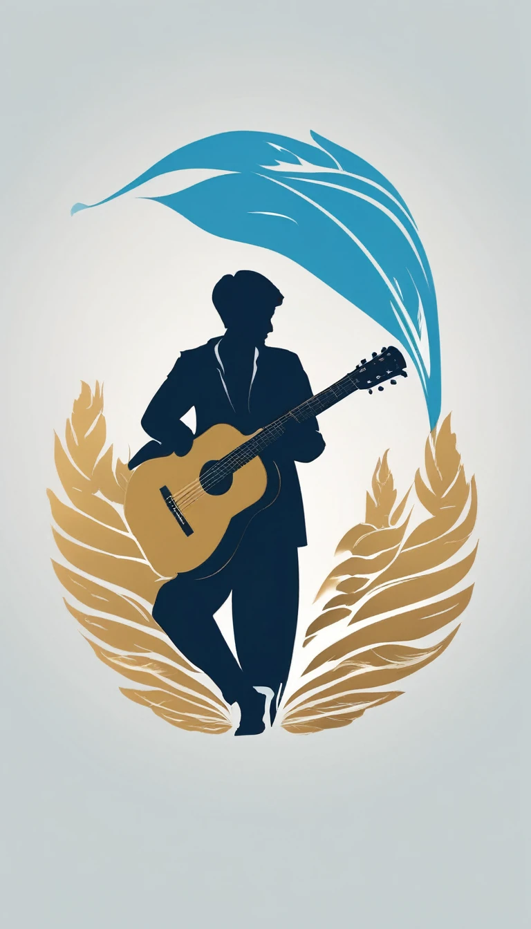 A minimal, modern, simple, cinematic logo design for the brand “Penamemoria". The logo design must be a simple, silhouette of a boy, standing up, playing acoustic guitar and fantasy feather by his side. The logo must convey a sense of music, stories, memories and dreams. Logo design impressed on a book cover. Minimalistic logo. Light blue, white and soft golden as colors for the logo design