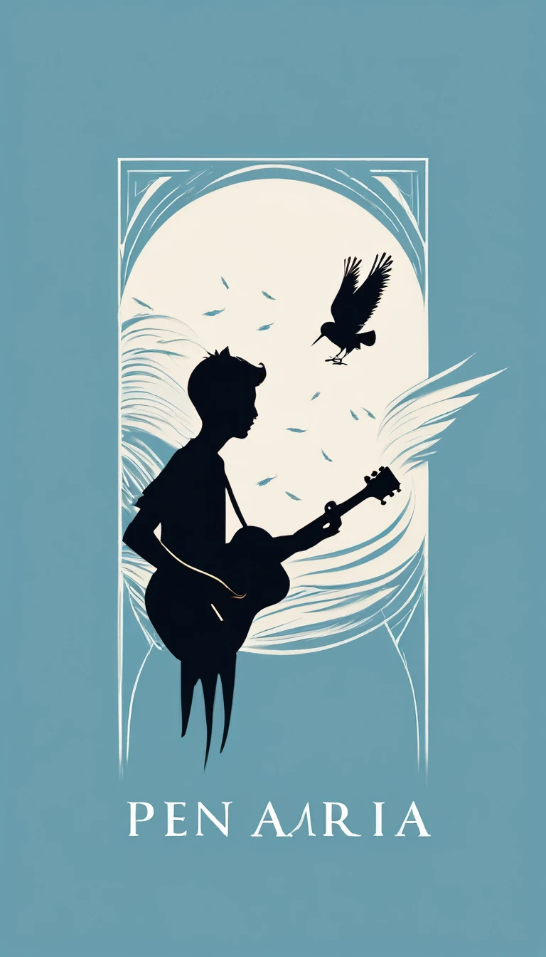 A minimal, modern, simple, cinematic logo design for the brand “Penamemoria". The logo design must be a simple, silhouette of a boy, standing up, playing acoustic guitar and fantasy feather by his side. The logo must convey a sense of music, stories, memories and dreams. Logo design impressed on a book cover. Minimalistic logo. Light blue, white and soft golden as colors for the logo design