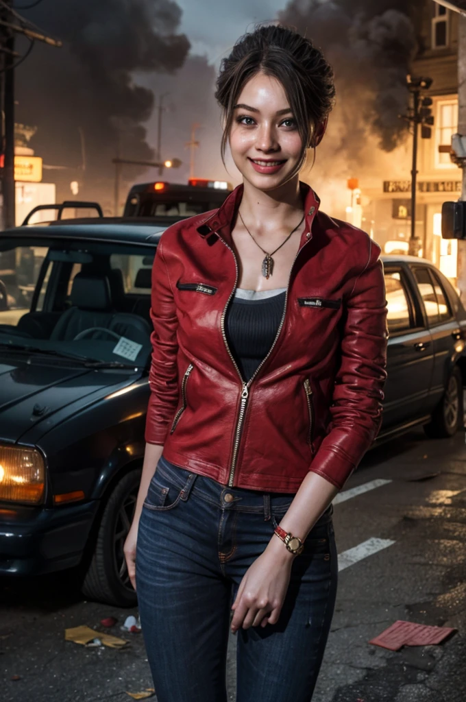 1girl, (realistic),(hyperrealism),(best quality),(masterpiece),(ultra high res),(photorealistic),idol,eye makeup,detailed eyes,detailed face,black dress, claireredfield2, brown hair, (red jacket:1.2), ponytail, (denim pants:1.3),,  red wristband,,  abandoned street, burning cars in background, littered street, smoke, chaos, zombie apocalypse, daytime, sunny,,  hands in pocket, looking at viewer, smiling, closeup shot