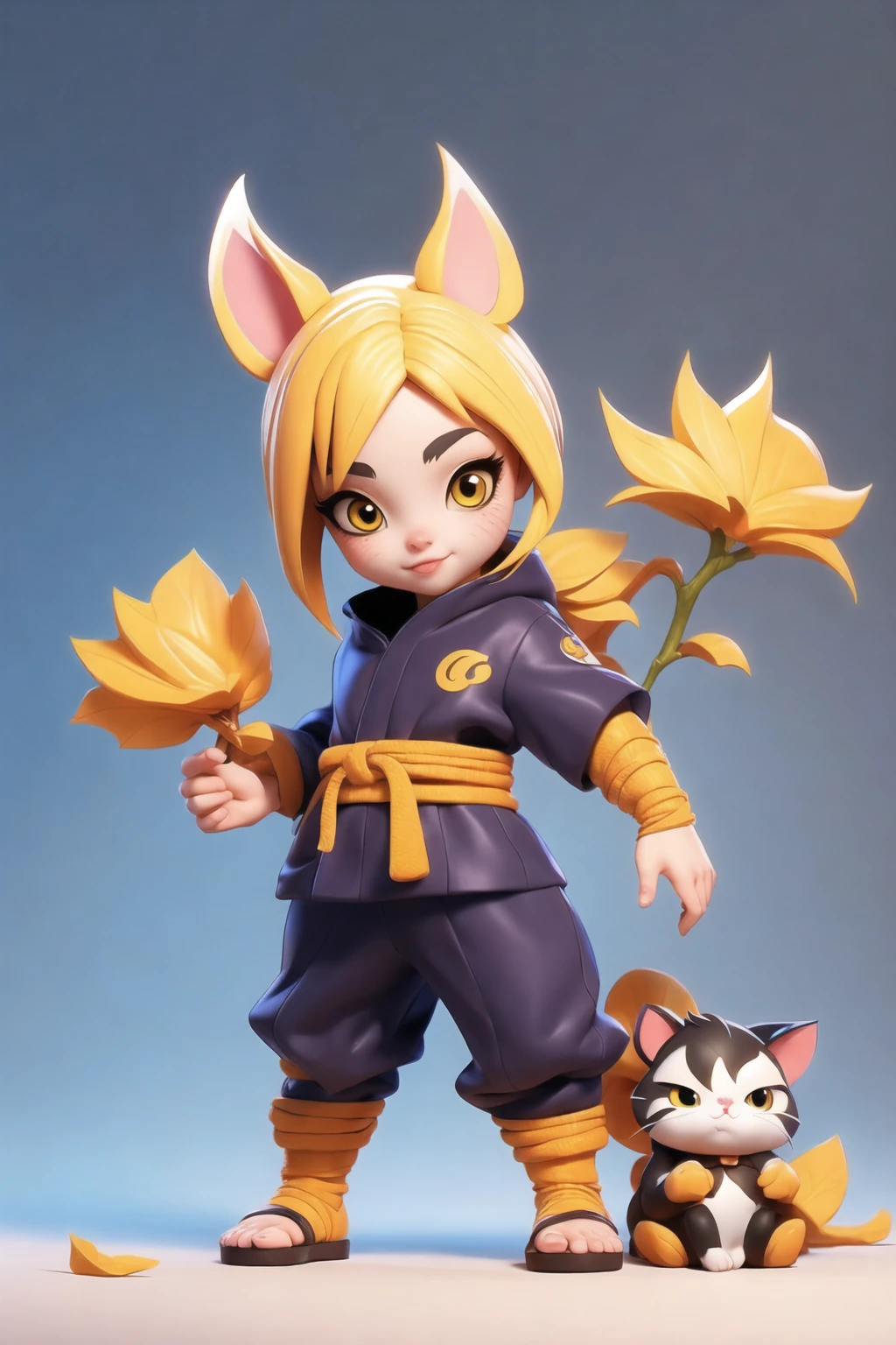 a cat warrior character,(full body:1.2),simple background, masterpiece,best qualit, Naruto Uzumaki costume, chibi, advanced digital chibi art, g liulian art style, maplestory mouse, bian lian, chibi art, league of legends art style, character art of maple story, SEXY