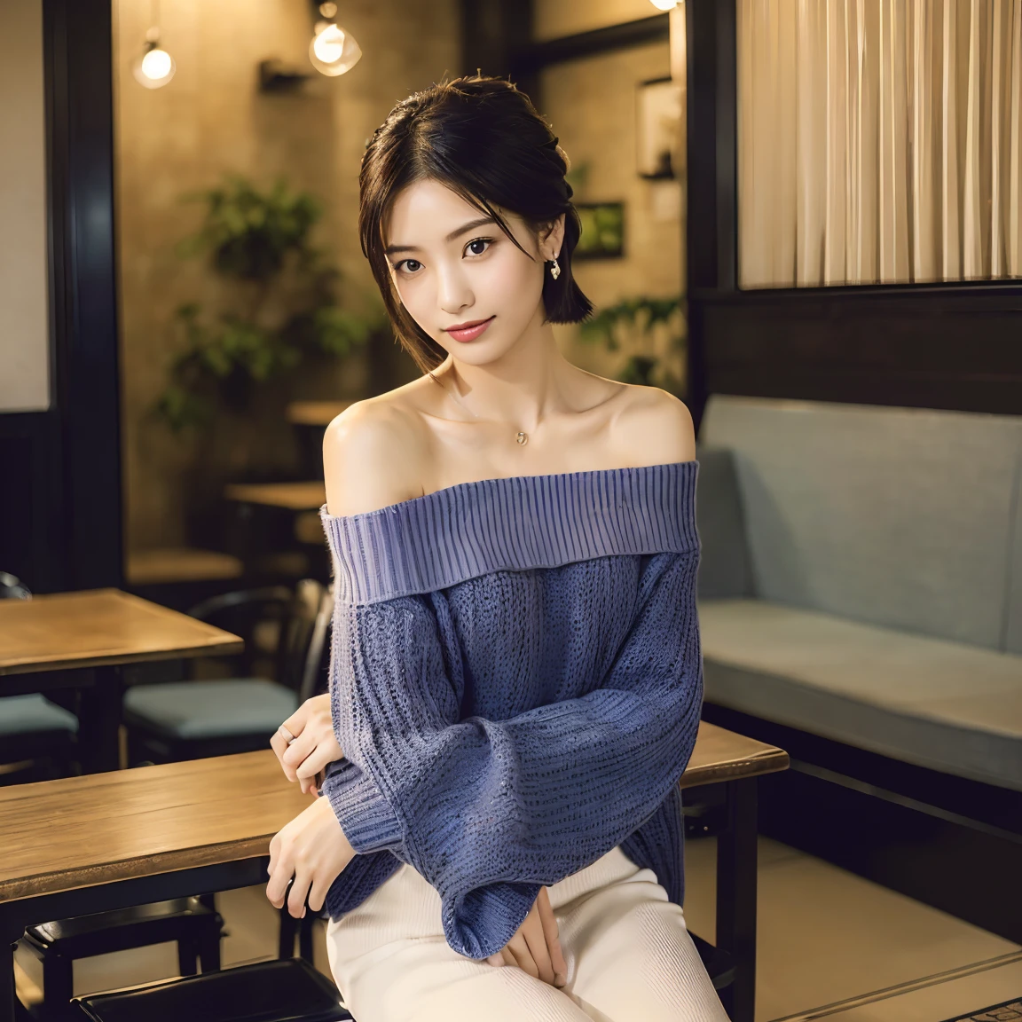 (Ultra-high resolution:1.5)(Very detailed:1.3) (super high quality) (super high quality:1.5) (Realistic photos:1.3) Japanese women　19 years old　((Fine and beautiful features:1.3)) ((Realistic skin texture:1.To be precise, high quality eye:1.3)) ((High-quality ear beauty with attention to detail:1.3)) ((Very white and clear skin:1.3)) ((Beautifully styled straight bob hair:1.3))Beautiful and perfect body　Beautiful proportions　(荒eyeの生地を使ったトレンドファッション) (Navy blue off-the-shoulder knit:1.3)  Sadistic Fashion　(The background is the interior of a cafe at dusk..:1.3) Beautiful depiction, Luxurious and stylish interior　((Happy viewers&#39;eye)) Wet half-open lips　 Big Breasts　((cute:1.3)) (Amazing high resolution images) (beautiful Big Breasts)
