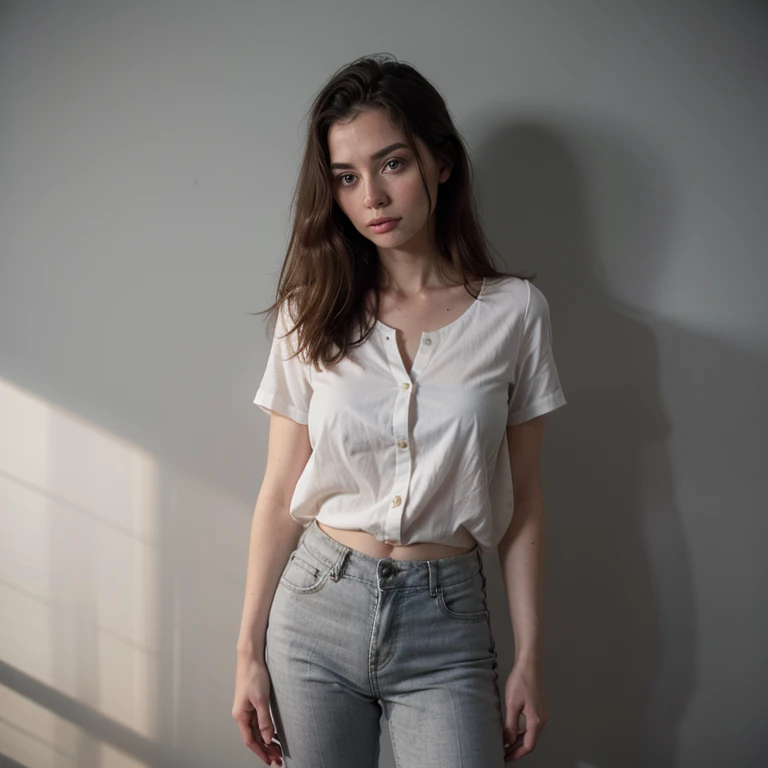 arafed woman in a white shirt and grey pants standing in front of a blue wall, kirsi salonen, magdalena andersson, wearing a blouse, magdalena radziej, wearing a white blouse, moleksandra shchaslyva, niele toroni, photo of džesika devic, serena malyon