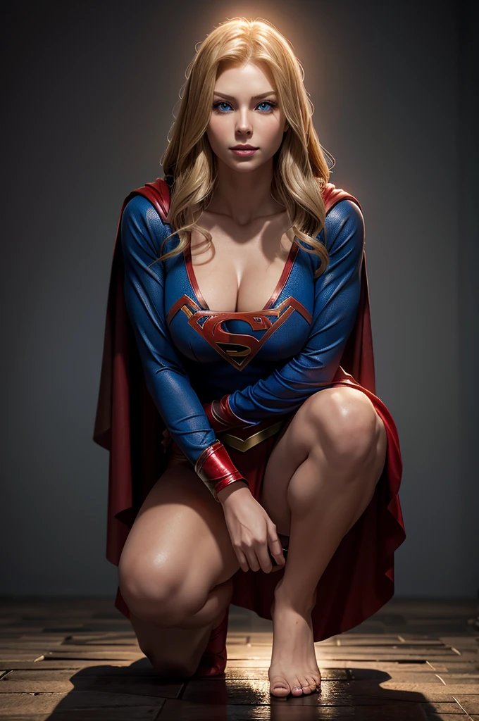 The character Supergirl, extremely beautiful face, perfect red and black costume, extremely beautiful blue eyes, perfect blond hair, smooth curves