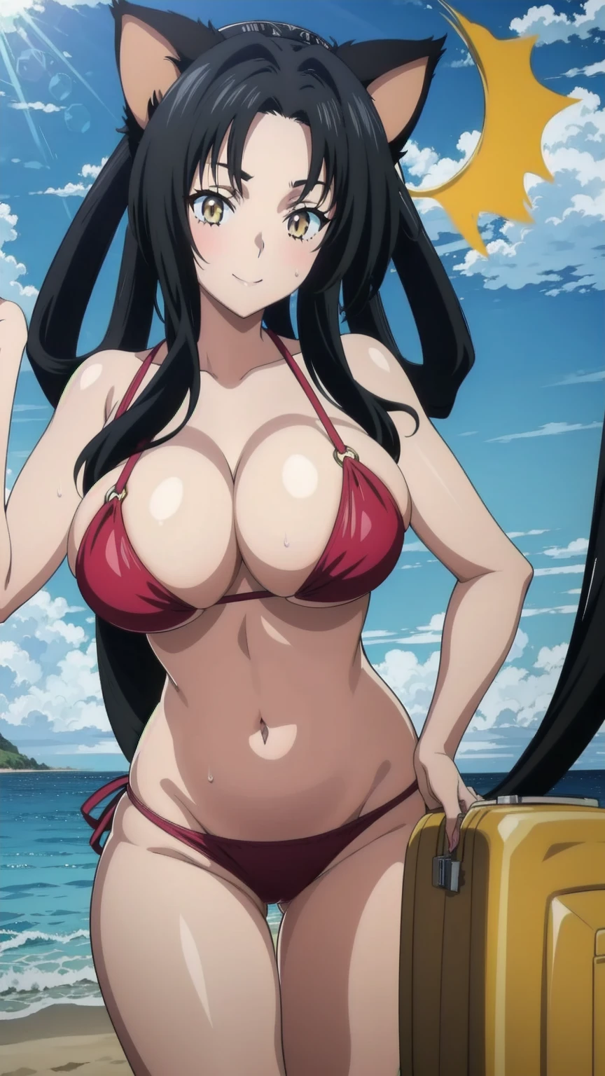 Kuroka Toujou, 1girl, breasts, animal ears, solo, black hair, cat ears, cleavage,large breasts, hair rings,long hair, makeup,yellow eyes, anime coloring, sash, lipstick, Smiling, looking at the viewer, blue theme, blue background, cloudy sky, sunlight, sweat, orgasmic, bikini swimsuit, large breasts, cleavage, belly button exposed, collarbone, thighs, sea and beach,