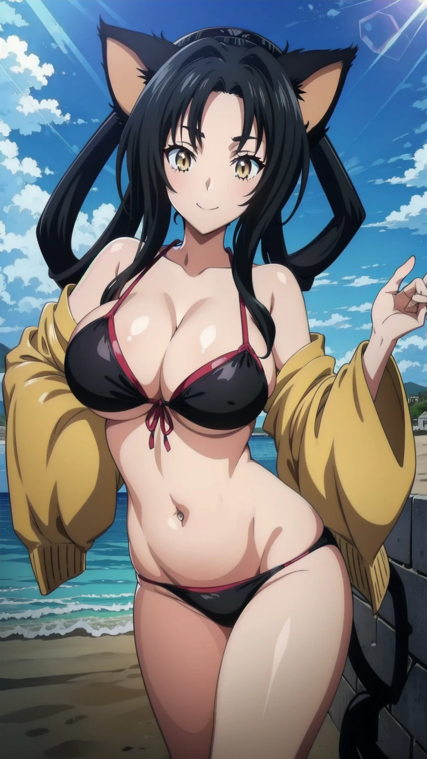 Kuroka Toujou, 1girl, breasts, animal ears, solo, black hair, cat ears, cleavage,large breasts, hair rings,long hair, makeup,yellow eyes, anime coloring, sash, lipstick, Smiling, looking at the viewer, blue theme, blue background, cloudy sky, sunlight, sweat, orgasmic, bikini swimsuit, large breasts, cleavage, belly button exposed, collarbone, thighs, sea and beach,