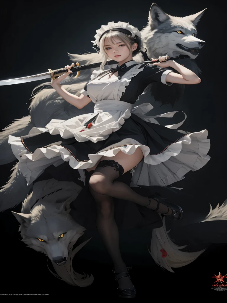 Properly holding a tanto or Japanese sword, (Very detailed CG unified 8k wallpaper), cool maid, Sexy maid outfit, Morbid expression, Two wolves emerge from the skirt, Mad eyes, 8K,tmasterpiece, Best quality,