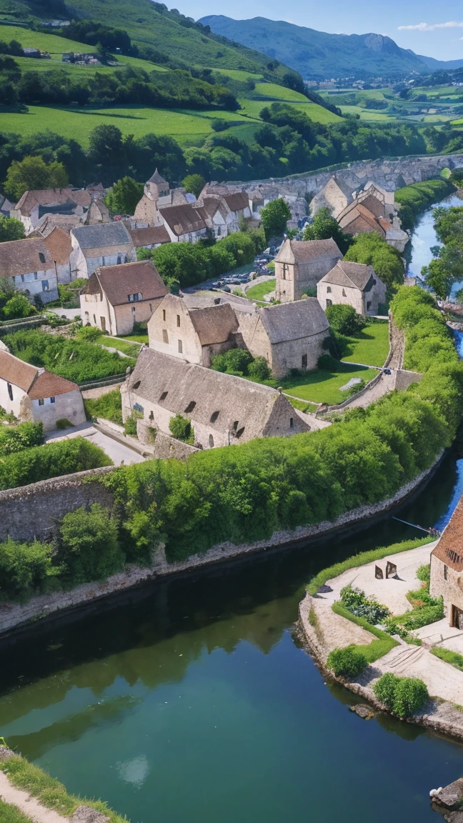 4K/ realistic picture/ Panorama of a medieval European village: A village landscape with stone walls and thatched houses.