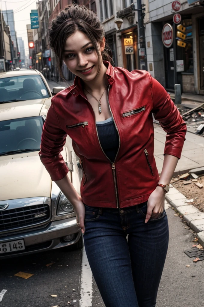 1girl, (realistic),(hyperrealism),(best quality),(masterpiece),(ultra high res),(photorealistic),idol,eye makeup,detailed eyes,detailed face,black dress, claireredfield2, brown hair, (red jacket:1.2), ponytail, (denim pants:1.3),, red wristband,, abandoned street, burning cars in background, littered street, smoke, chaos, zombie apocalypse, daytime, sunny,, hands in pocket, looking at viewer, smiling, closeup shot