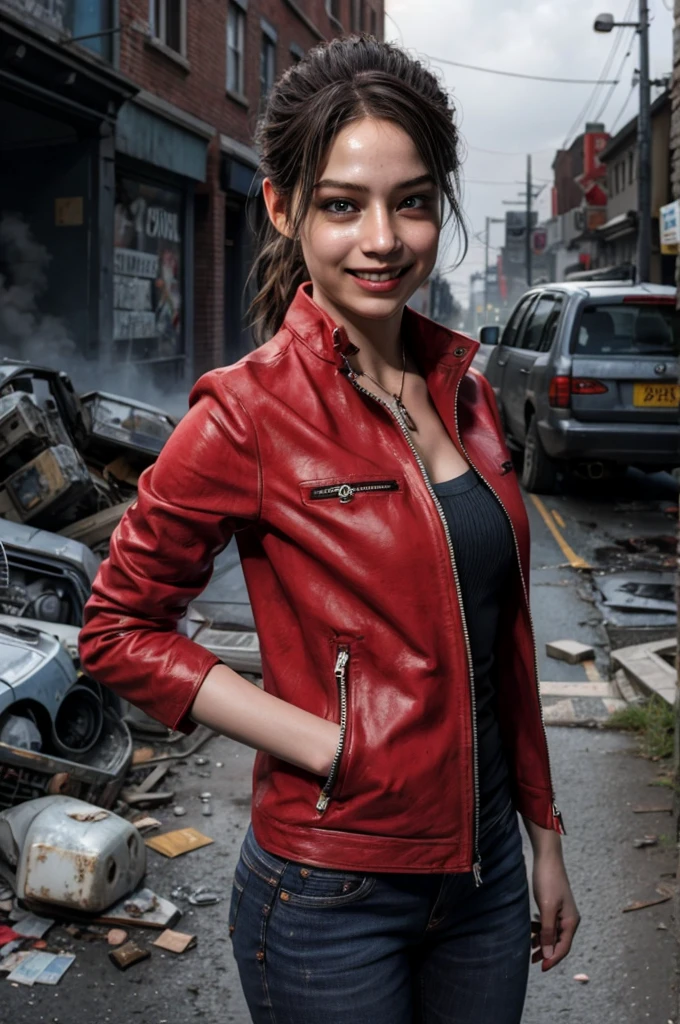 1girl, (realistic),(hyperrealism),(best quality),(masterpiece),(ultra high res),(photorealistic),idol,eye makeup,detailed eyes,detailed face,black dress, claireredfield2, brown hair, (red jacket:1.2), ponytail, (denim pants:1.3),,  red wristband,,  abandoned street, burning cars in background, littered street, smoke, chaos, zombie apocalypse, daytime, sunny,,  hands in pocket, looking at viewer, smiling, closeup shot