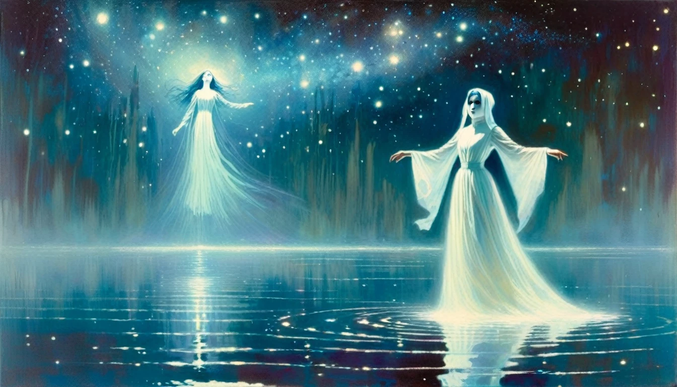 ghostly girl, levitates over the water of a lake, beautiful, medieval appearance, night, stars, milky way, horror tones (art inspired in Bill Sienkiewicz). oil painting)