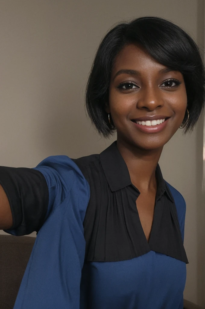 Asha, 1girl, solo, (((Ebony))), (((Dark skin))), (((SFW))), 30 years old, (mature), fully naked, capturing a selfie, taking a selfie shot, smiling, ((wearing a blue blouse))