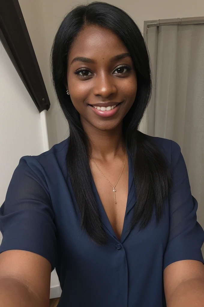 Asha, 1girl, solo, (((Ebony))), (((Dark skin))), (((SFW))), 30 years old, (mature), fully naked, capturing a selfie, taking a selfie shot, smiling, ((wearing a blue blouse))