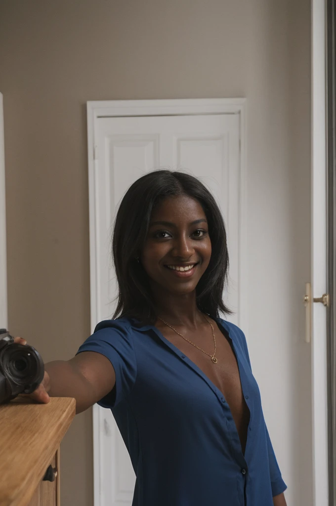 Asha, 1girl, solo, (((Ebony))), (((Dark skin))), (((SFW))), 30 years old, (mature), fully naked, capturing a selfie, taking a selfie shot, smiling, ((wearing a blue blouse))