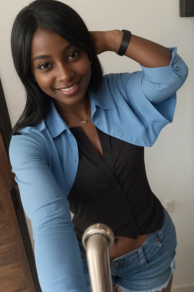 Asha, 1girl, solo, (((Ebony))), (((Dark skin))), (((SFW))), 30 years old, (mature), fully naked, capturing a selfie, taking a selfie shot, smiling, ((wearing a blue blouse))