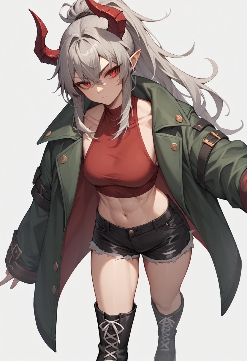 1 girl, dark gray long hair tied in a ponytail, one red eye, one white eye with a scar, black short shorts, black boots with white laces, dark red top, dark green short sleeved jacket, Red Demon Horns, White background, standing straight