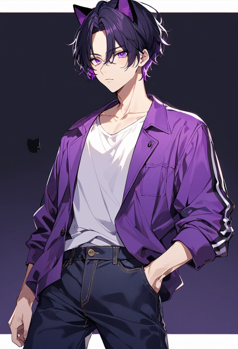 1man, black short hair, black cat ears, bright purple eyes, wearing purple jacket, wearing white undershirt, wearing dark blue jean pants
