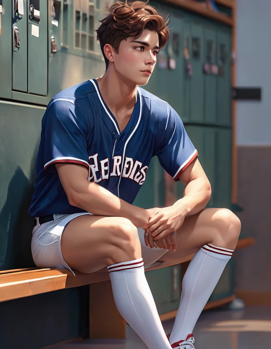 Photorealistic image of a young and cute boy, Body hair, baseball, Detailed skin, Huge bulge, (Dynamic posture:1.3), (Action Shots), (Scattered clothing),(locker room), (Wearing tight fitting white underwear),(Side view),(whole body:1.2),(sports boots:1.2), (Take off),(Leaning on the bench), Natural Face, (A tense look:1.5), Soft and warm lighting, Vibrant, masterpiece, Highest quality, Perfect Anatomy, Calm colors, dramatic, Cinematic, Soft Light, (Calm colors, Dim color, Calm tone), Soft Light, sharp, Realistic skin detail, High Contrast, (Freckles on the face), (Close-up shot of face, Fine grain)