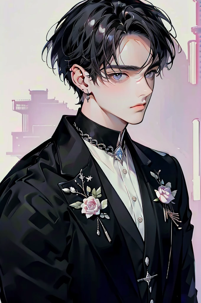 masterpiece, high quality, best quality, 2male, manhua face, handsome, formal clothes, half body,