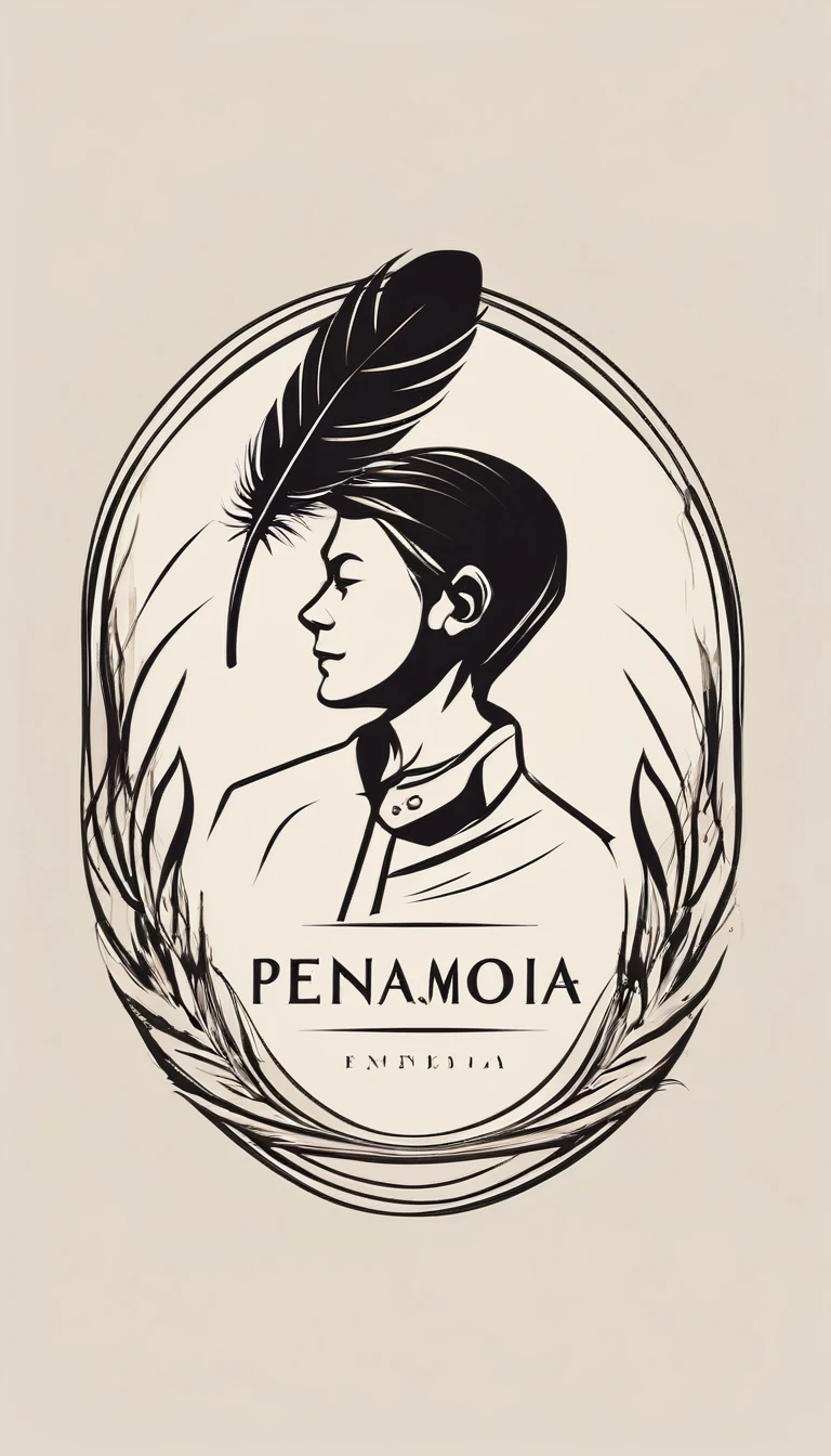 Create a minimal, modern, simple, inspirational, memorable, dream like logo design of a boy and a feather for the brand “Penamemoria".