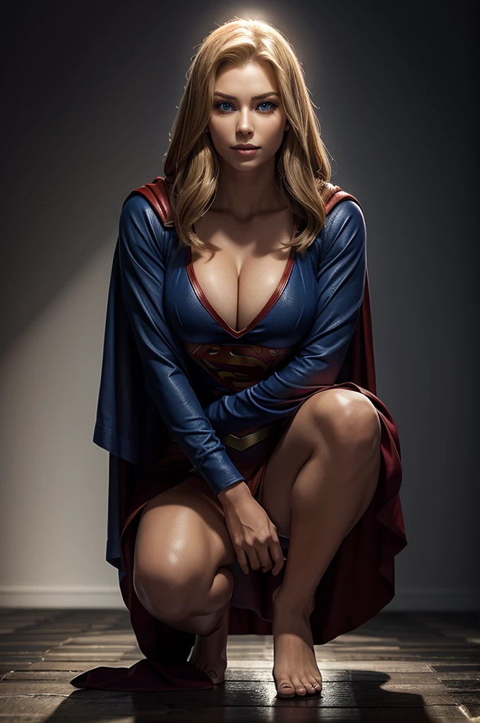 The character Supergirl, extremely beautiful face, perfect red and black costume, extremely beautiful blue eyes, perfect blond hair, smooth curves, black style costume