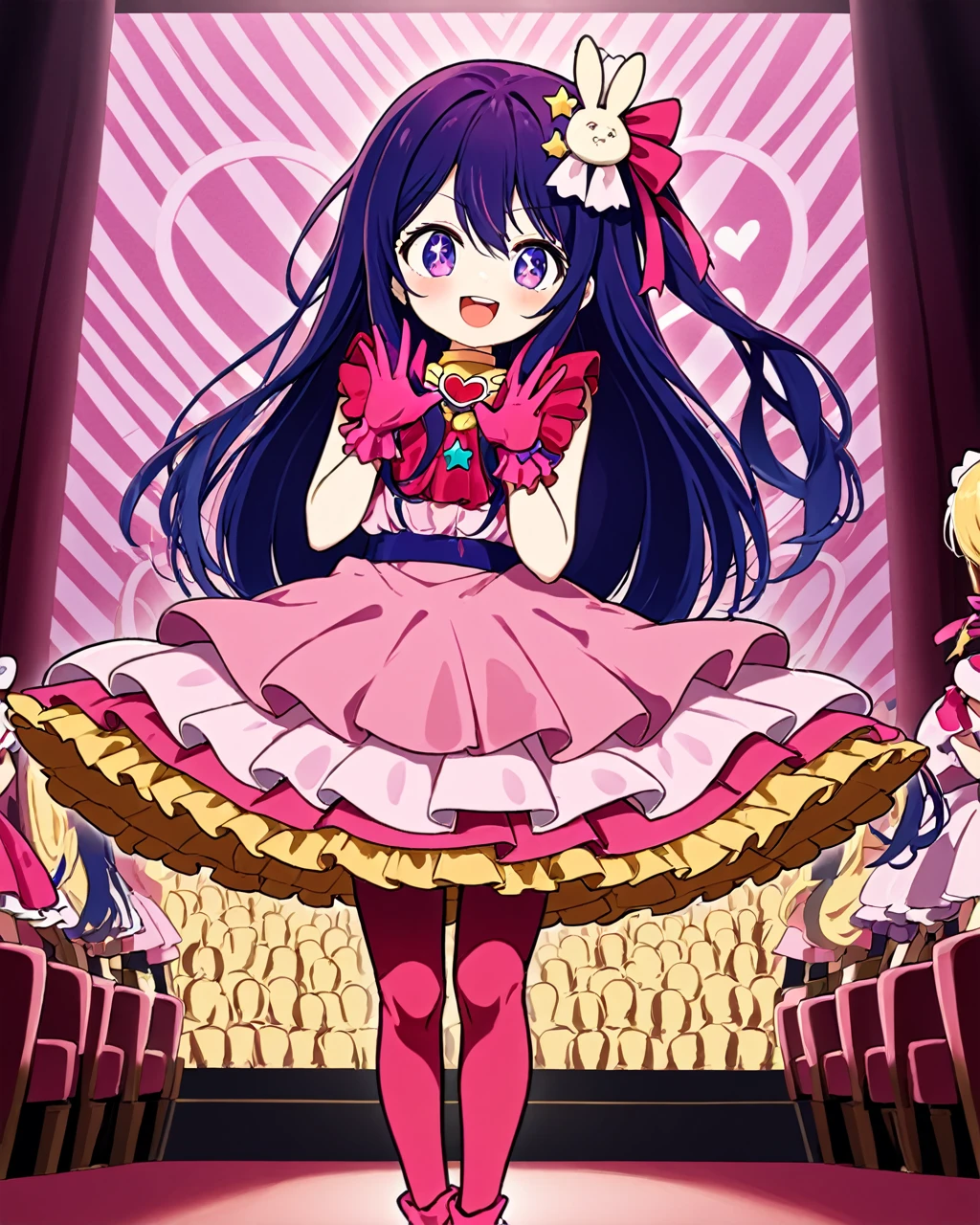 Ai Hoshino,One girl, 一人in, のsuperiore_eye_Closed, Rabbit_hair_ornament, Little, smile, pink_dress, Open_mouth, hair_bow, tooth, heart, gloves, ;d, sample_winermark, red_bow, frills_dress, pantyhose, Are standing_のsuperior_のsuperiore_foot, pink_footwear, red面, Looking_in_Audience, full_body, winermark, のsuperiore_~ side_superior, Idol, boots, Striped_Star-shaped background_psuperiorils,symbol-shaped_psuperiorils,. nice,Key Visual, Vibrant, Studio Anime,Award-winning, professiのsuperioral, Very detailed,High budget, CinemaScope