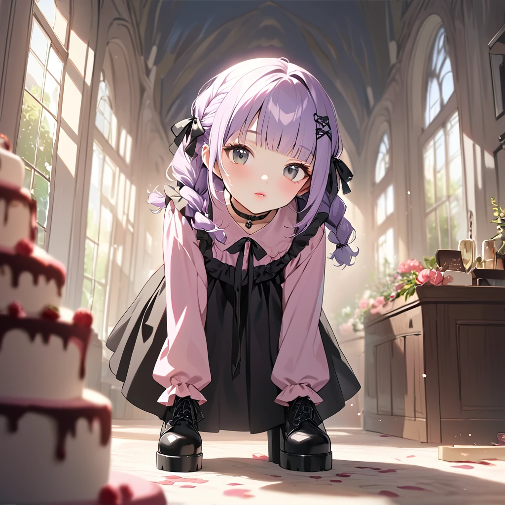 a masterpiece, beautiful eyes, a beautiful face, kawaii, light atmosphere, (Cute a girl:1.5), (a girl with closs hair pin,pale purple hair,wavy two braids,blunt bangs hair,green and black eyes,
pink shirt,Black skirt, platform boots,,cosplay, jirai kei, bangs, black bow, looking at viewer, bow, long sleeves, choker, ribbon,pink lips,fullbody shot :1.4),
(masterpiece:1.3), anime visual, (Lovey-dovey:1.5), (tilt head:1.3), extremely delicate face, soft clean focus, realistic lighting and shading, (an extremely delicate and beautiful art:1.3),A girl popping a cracker in front of a birthday cake,