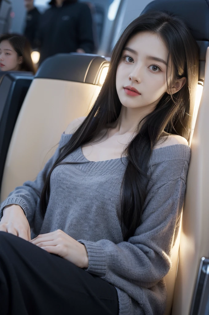 (((best quality))),(((ultra detailed))),(((masterpiece))),illustration,(a beautiful girl,female passenger,solo),((slim,thin,small breasts,flat chest)),summer night,((in airplane,economy class)),comfortable sweater,cozy pants,(shoulder length straight hair:1.2),stars,moonlight,smooth flight,engine sound,lullaby,relaxed,excited,happy,visiting family,comfortable seats,soft fabric,headrests,adjustable,beauty of night sky,thinking about family,friends,dimmed lights,sleeping passengers,movies,personal screens,staying awake,magic of sky,joy of being with family,memorable journey,adventures,(surrounded by crowded crowds:1.3)