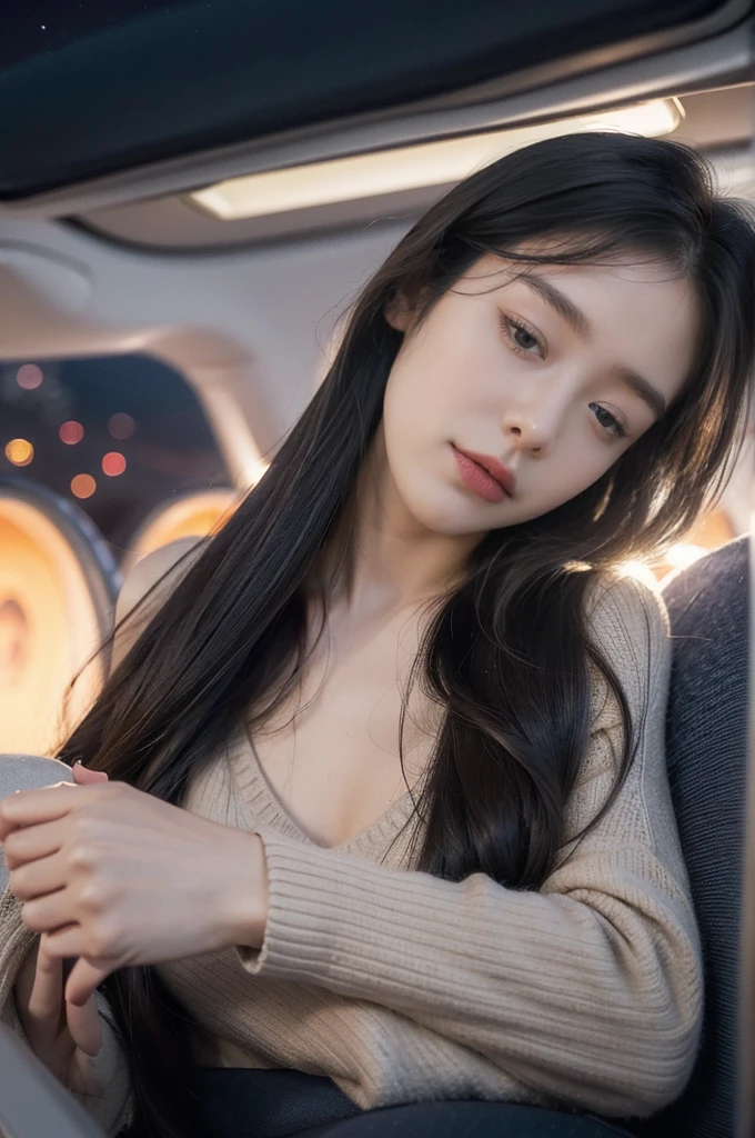 (((best quality))),(((ultra detailed))),(((masterpiece))),illustration,(a beautiful girl,female passenger,solo),((slim,thin,small breasts,flat chest)),summer night,((in airplane,economy class)),comfortable sweater,cozy pants,(shoulder length straight hair:1.2),stars,moonlight,smooth flight,engine sound,lullaby,relaxed,excited,happy,visiting family,comfortable seats,soft fabric,headrests,adjustable,beauty of night sky,thinking about family,friends,dimmed lights,sleeping passengers,movies,personal screens,staying awake,magic of sky,joy of being with family,memorable journey,adventures,(surrounded by crowded crowds:1.3)