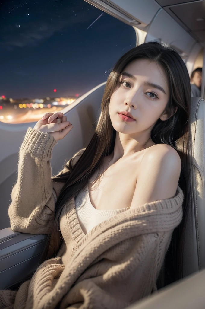 (((best quality))),(((ultra detailed))),(((masterpiece))),illustration,(a beautiful girl,female passenger,solo),((slim,thin,small breasts,flat chest)),summer night,((in airplane,economy class)),comfortable sweater,cozy pants,(shoulder length straight hair:1.2),stars,moonlight,smooth flight,engine sound,lullaby,relaxed,excited,happy,visiting family,comfortable seats,soft fabric,headrests,adjustable,beauty of night sky,thinking about family,friends,dimmed lights,sleeping passengers,movies,personal screens,staying awake,magic of sky,joy of being with family,memorable journey,adventures,(surrounded by crowded crowds:1.3)