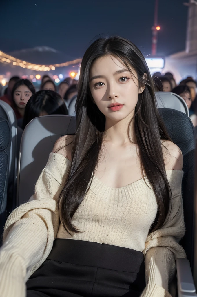 (((best quality))),(((ultra detailed))),(((masterpiece))),illustration,(a beautiful girl,female passenger,solo),((slim,thin,small breasts,flat chest)),summer night,((in airplane,economy class)),comfortable sweater,cozy pants,(shoulder length straight hair:1.2),stars,moonlight,smooth flight,engine sound,lullaby,relaxed,excited,happy,visiting family,comfortable seats,soft fabric,headrests,adjustable,beauty of night sky,thinking about family,friends,dimmed lights,sleeping passengers,movies,personal screens,staying awake,magic of sky,joy of being with family,memorable journey,adventures,(surrounded by crowded crowds:1.3)
