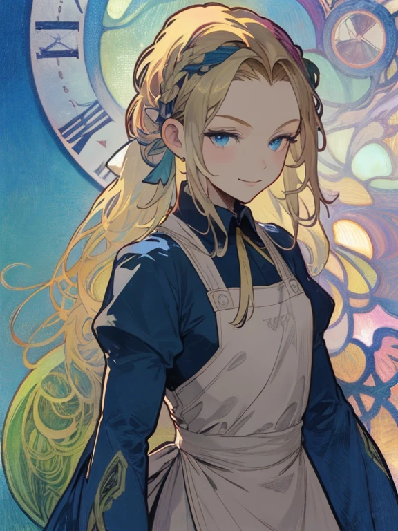 masterpiece, Highest quality, Very detailed, 16K, Ultra-high resolution, Cowboy Shot, Alice in Wonderland, (by Alfons Mucha:1.4), 10-year-old girl, Detailed face, Mischievous Smile, blue eyes, Blonde, Braiding, Long Hair, Ribbon on head, Blue clothes, Plain white apron, 大きなclockのある部屋で, clock, 壁clock