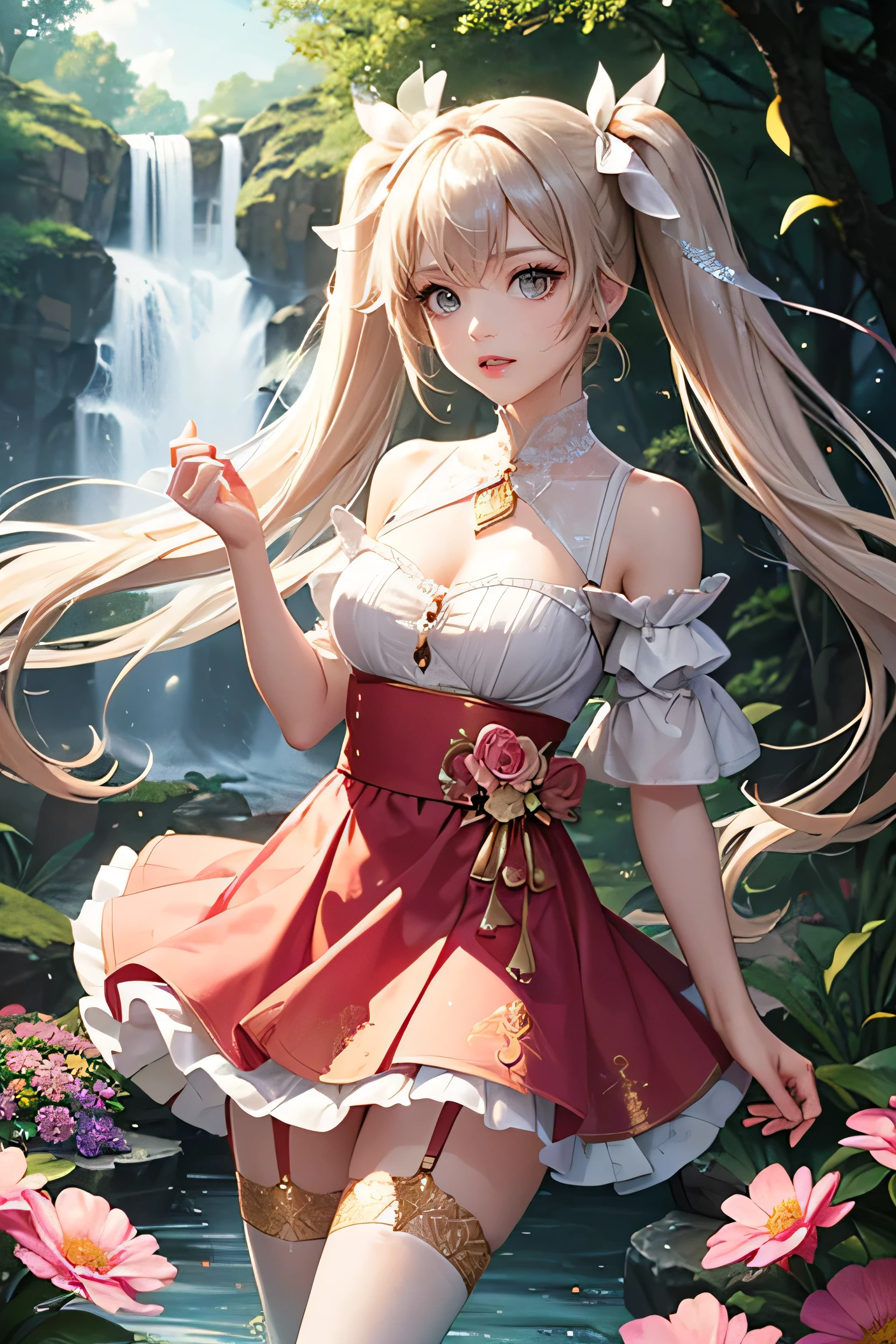 (Highest quality、Highest quality、Masterpiece、Very delicate、Very detailed、Exquisite、16K、Full HD)、1 female、(Pink mini skirt dress、Golden embroidery、Silver embroidery、Skirt in the wind、ribbon、White frills、garter belt)、Perfect body line、Glowing Skin、(Groomed eyebrows、Pink Lips、Brown eyeysterious Face)、(Golden Hair、Twin tails、Shiny Hair)、Dynamic Pose、Dramatic lighting、(forest、crystal、Colorful flowers、water)