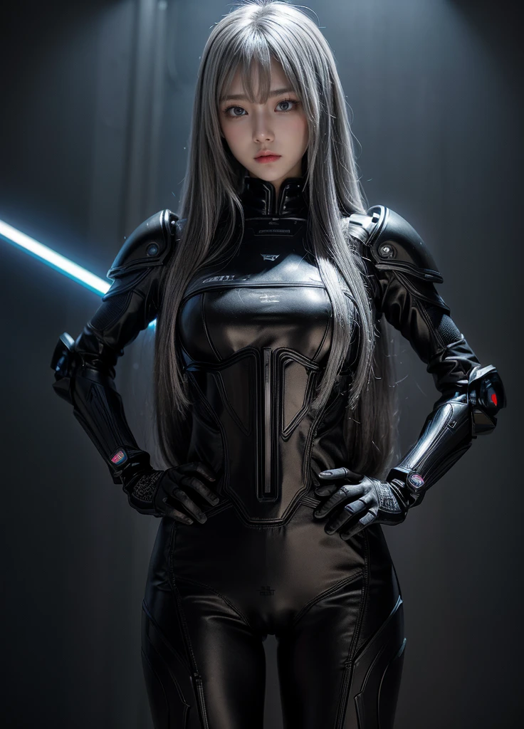 cyber angel,machine wing,laser sword,{{Sci-Fi Armor}},cyber suit,cyberpunk,science fiction,cyber battle armor,Battledress,Military Uniforms,pants,black military uniform,whole body,Height: 168cm,almond shape eyes,{{{{{silver eyes}}}}},{{{{{dull bangs}}}}},(slanted eyes},{{whole body},{{{1 girl}}}, long hair, straight hair,{{{{silver hair}}}},{{{tsurime}}},30 years old,{Medium chest},{{bush}},silver eyes,{{{masterpiece}}}, {{{highest quality}}}, {{Super detailed}}, {shape}, {{very delicate and beautiful}},very detailed,detailed perfect,detailed hyper,Abundant thighs,big ass,black clothes