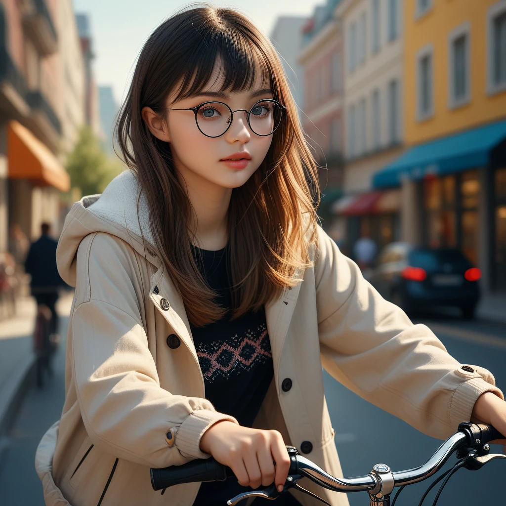 A beautiful young woman with bangs, wearing thick-rimmed glasses, a winter outfit, and a slender figure with small but beautiful breasts, standing in an early summer cityscape and placing her hand on the handlebar of a bicycle, (best quality,4k,8k,highres,masterpiece:1.2),ultra-detailed,(realistic,photorealistic,photo-realistic:1.37),extremely detailed eyes and face,beautiful detailed eyes,beautiful detailed lips,long eyelashes,intricate details,elegant pose,soft lighting,vibrant colors,cinematic composition