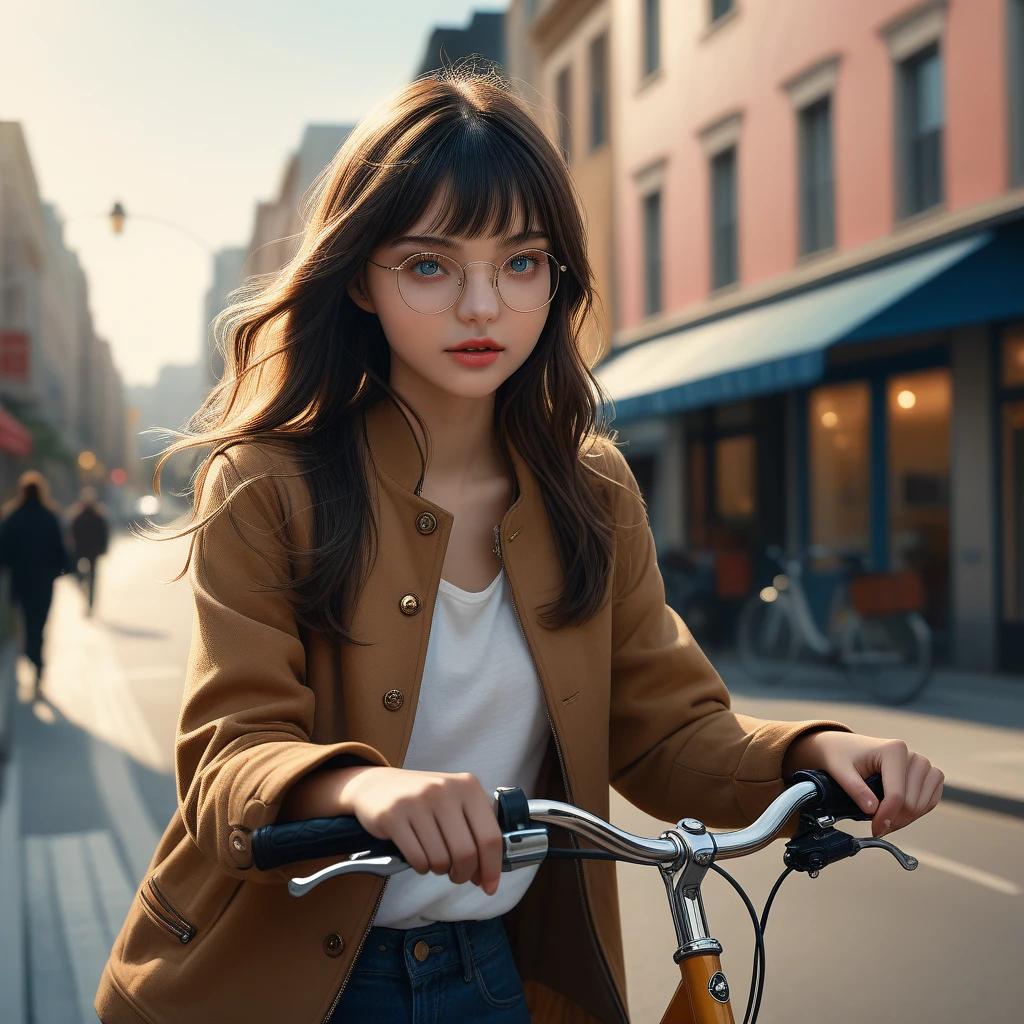 A beautiful young woman with bangs, wearing thick-rimmed glasses, a winter outfit, and a slender figure with small but beautiful breasts, standing in an early summer cityscape and placing her hand on the handlebar of a bicycle, (best quality,4k,8k,highres,masterpiece:1.2),ultra-detailed,(realistic,photorealistic,photo-realistic:1.37),extremely detailed eyes and face,beautiful detailed eyes,beautiful detailed lips,long eyelashes,intricate details,elegant pose,soft lighting,vibrant colors,cinematic composition