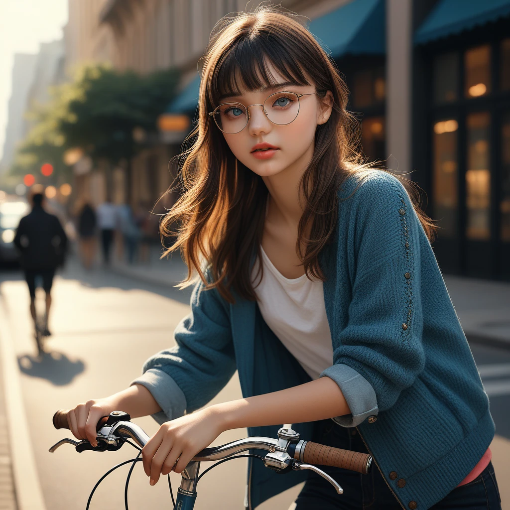 A beautiful young woman with bangs, wearing thick-rimmed glasses, a winter outfit, and a slender figure with small but beautiful breasts, standing in an early summer cityscape and placing her hand on the handlebar of a bicycle, (best quality,4k,8k,highres,masterpiece:1.2),ultra-detailed,(realistic,photorealistic,photo-realistic:1.37),extremely detailed eyes and face,beautiful detailed eyes,beautiful detailed lips,long eyelashes,intricate details,elegant pose,soft lighting,vibrant colors,cinematic composition