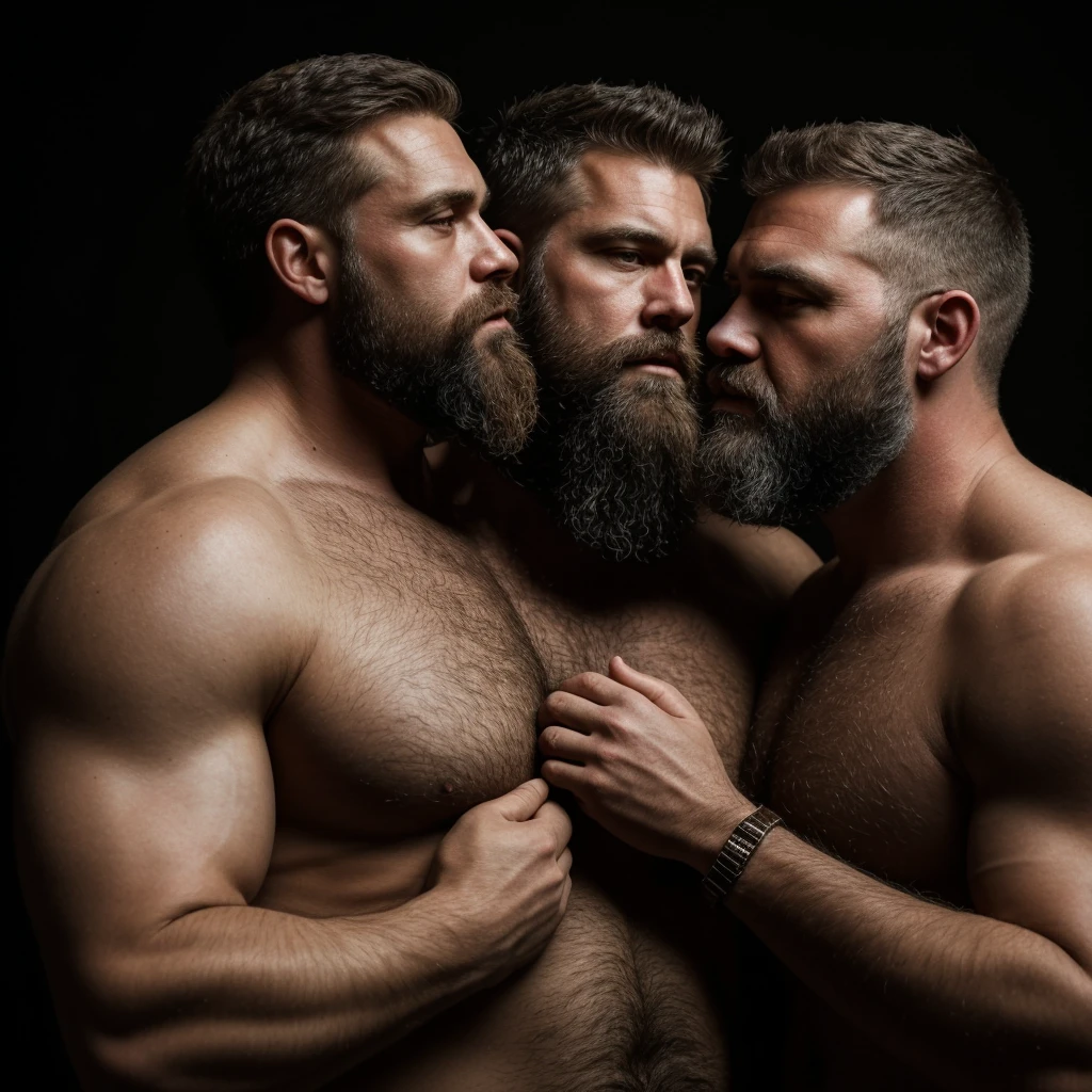 "8KUHD Create a professional studio-style photograph featuring two middle-aged, burly, hairy, beared big daddy bear, and rugged man and his husband in lumberjack outfit. beards, very realistic hair, very realistic beards, very realistic thick neck, very realistic neck lines, very realistic mens clothing, very realistic detailed mens clothing. A man and his husband are kissing each other, realistically kissing each other, in a romantic and virile scene. Utilize all appropriate lighting techniques for studio photography. The background should be black." No Deformities, HDR