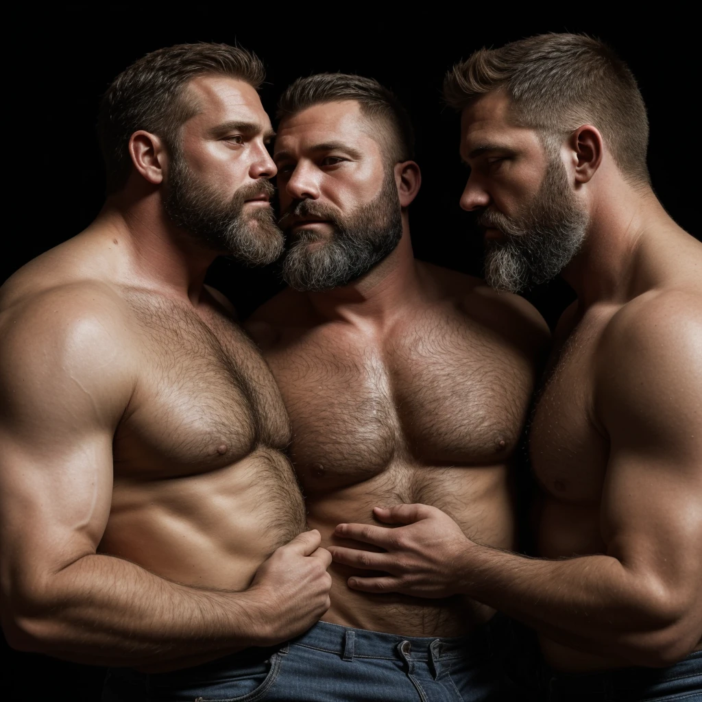 "8KUHD Create a professional studio-style photograph featuring two middle-aged, burly, hairy, beared big daddy bear, and rugged man and his husband in lumberjack outfit. beards, very realistic hair, very realistic beards, very realistic thick neck, very realistic neck lines, very realistic mens clothing, very realistic detailed mens clothing. A man and his husband are kissing each other, realistically kissing each other, in a romantic and virile scene. Utilize all appropriate lighting techniques for studio photography. The background should be black." No Deformities, HDR