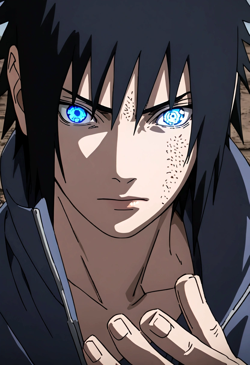 sasuke uchiha, lightning in hand, upper body, sharingan in eyes, ready to fight