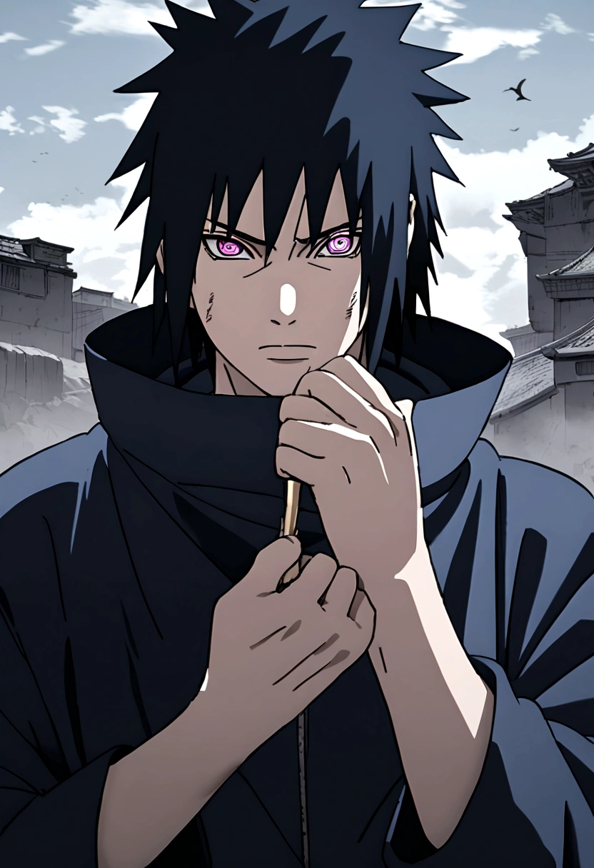 sasuke uchiha, lightning in hand, upper body, sharingan in eyes, ready to fight