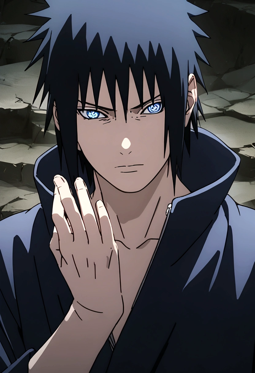 sasuke uchiha, lightning in hand, upper body, sharingan in eyes, ready to fight