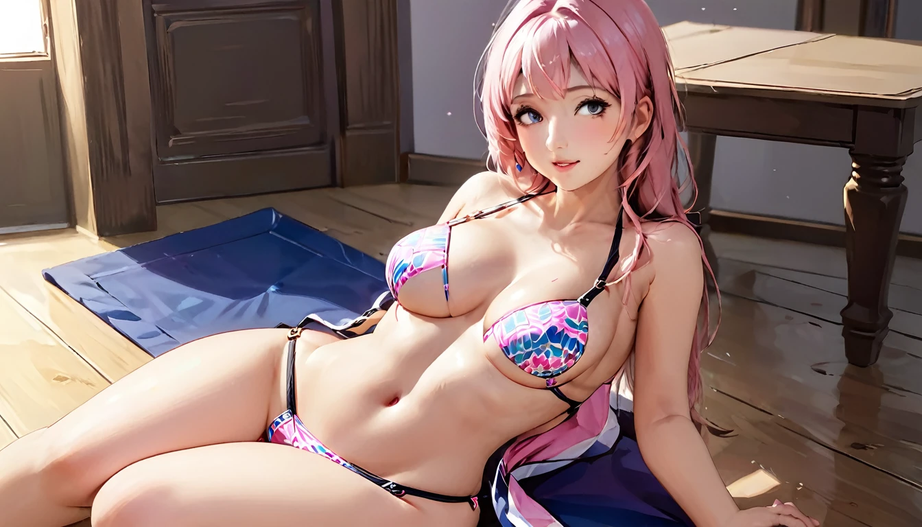 best quality, masterpiece, high resolution,A girl， Wearing a super-thin pink mini bikini，Sexy sitting on the floor， (((Open your legs)))，(Huge breasts： 1.2)，((((Breast close-up)))，(((fullbody)))，Cleavage、Tempting， （Huge breasts： 1.2），（Cleavage） ，beautiful big breasts ，8K resolution，大师masterpiece，Ultra-high detail