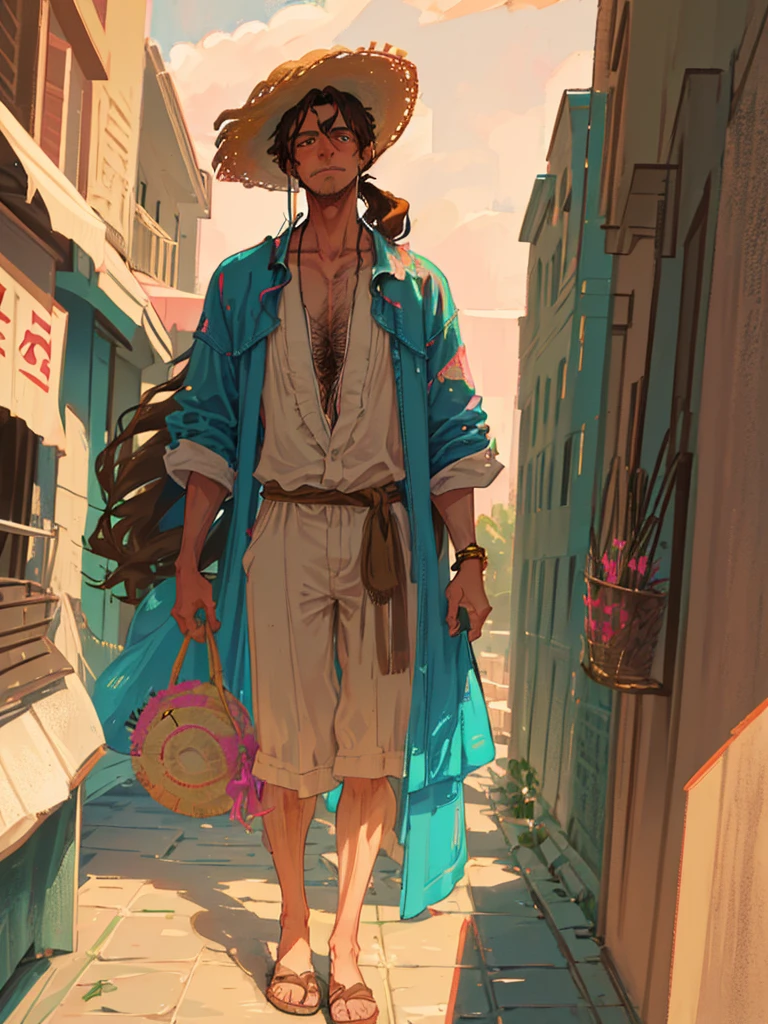 tall man with gray eyes and wavy brown hair, which he puts into a long ponytail, leaving one strand hanging down the left side of the face. He has a hairy chest, arms and legs. He wears a straw hat and pink, ladies&#39; flower embellished kimono, draped over the shoulders directly over the captain&#39;s haori. Although his kimono and embellished belt are cheap, his hairpins with red flowers are very expensive. He doesn&#39;t wear a tabi (socks) under sandals. He has short stubble around his mouth and cheeks. A hundred years before Aizen&#39;s betrayal, Shunsui had a short mustache above his upper lip.. Then he wore another lady&#39;s kimono, although very similar. After the battle with Wandenreich, Shunsui began wearing an eyepatch over his right eye., which was damaged during the battle. The top of his right ear was also cut off, and a scar appeared on his temple. Shunsui had shorter, unkempt hair as a .. He wore a patterned kimono
