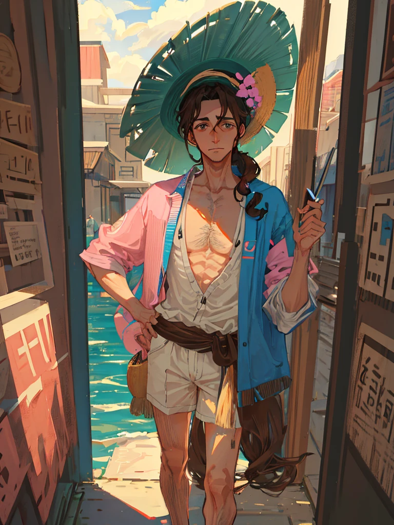 tall man with gray eyes and wavy brown hair, which he puts into a long ponytail, leaving one strand hanging down the left side of the face. He has a hairy chest, arms and legs. He wears a straw hat and pink, ladies&#39; flower embellished kimono, draped over the shoulders directly over the captain&#39;s haori. Although his kimono and embellished belt are cheap, his hairpins with red flowers are very expensive. He doesn&#39;t wear a tabi (socks) under sandals. He has short stubble around his mouth and cheeks. A hundred years before Aizen&#39;s betrayal, Shunsui had a short mustache above his upper lip.. Then he wore another lady&#39;s kimono, although very similar. After the battle with Wandenreich, Shunsui began wearing an eyepatch over his right eye., which was damaged during the battle. The top of his right ear was also cut off, and a scar appeared on his temple. Shunsui had shorter, unkempt hair as a .. He wore a patterned kimono
