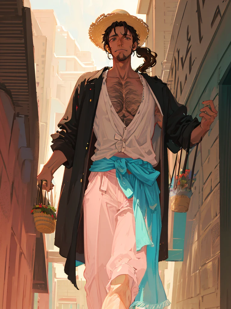 tall man with gray eyes and wavy brown hair, which he puts into a long ponytail, leaving one strand hanging down the left side of the face. He has a hairy chest, arms and legs. He wears a straw hat and pink, ladies&#39; flower embellished kimono, draped over the shoulders directly over the captain&#39;s haori. Although his kimono and embellished belt are cheap, his hairpins with red flowers are very expensive. He doesn&#39;t wear a tabi (socks) under sandals. He has short stubble around his mouth and cheeks. A hundred years before Aizen&#39;s betrayal, Shunsui had a short mustache above his upper lip.. Then he wore another lady&#39;s kimono, although very similar. After the battle with Wandenreich, Shunsui began wearing an eyepatch over his right eye., which was damaged during the battle. The top of his right ear was also cut off, and a scar appeared on his temple. Shunsui had shorter, unkempt hair as a .. He wore a patterned kimono
