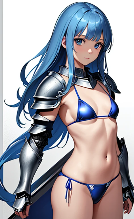 ()、(masterpiece:1.5、Photorealistic:1.4,anime coloring:1.4、high resolution:1.4)、,(spot light:1.2、Exquisite beautiful eye:1.5,)、(stand:1.5)、()、(cowboy shot:1.5)、
(kind eyes、tareme:1.4),()、(Cute Face)、(blue hair:1.5)、(middle hair:1.5),(sidelock :1.6),(blunt bangs:1.3),(1 girl)、(blue eyes:1.2)、(clear face:1.5),()、(solo)、() ,(),(small breasts),(),(bikini armor:1.5),()、()、()、Slim Body(),Shiny Hair、