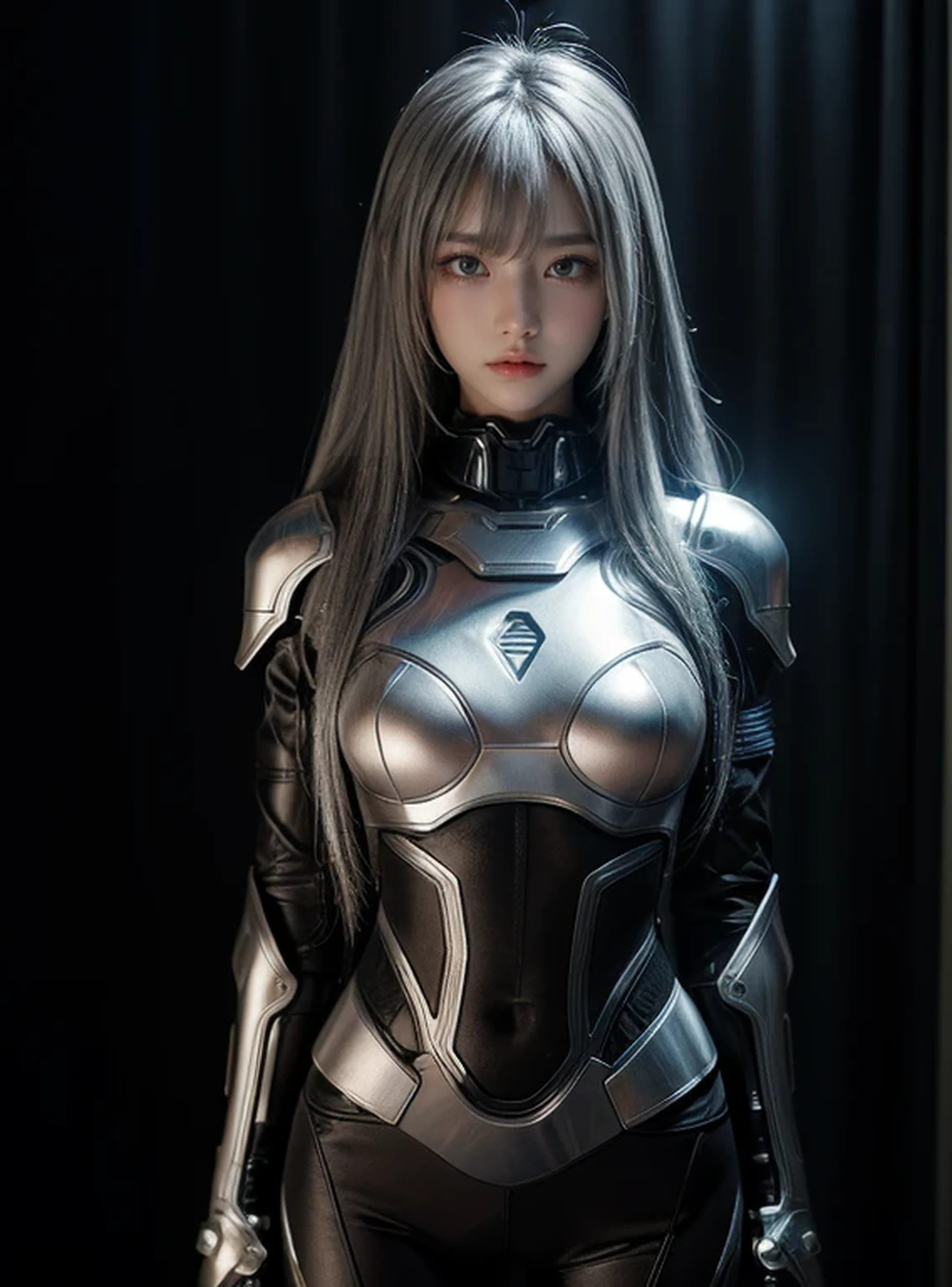 cyber angel,machine wing,laser sword,{{Sci-Fi Armor}},cyber suit,cyberpunk,science fiction,cyber battle armor,Battledress,Military Uniforms,pants,black military uniform,whole body,Height: 168cm,almond shape eyes,{{{{{silver eyes}}}}},{{{{{dull bangs}}}}},(slanted eyes},{{whole body},{{{1 girl}}}, long hair, straight hair,{{{{silver hair}}}},{{{tsurime}}},30 years old,{Medium chest},{{bush}},silver eyes,{{{masterpiece}}}, {{{highest quality}}}, {{Super detailed}}, {shape}, {{very delicate and beautiful}},very detailed,detailed perfect,detailed hyper,Abundant thighs,big ass,black clothes