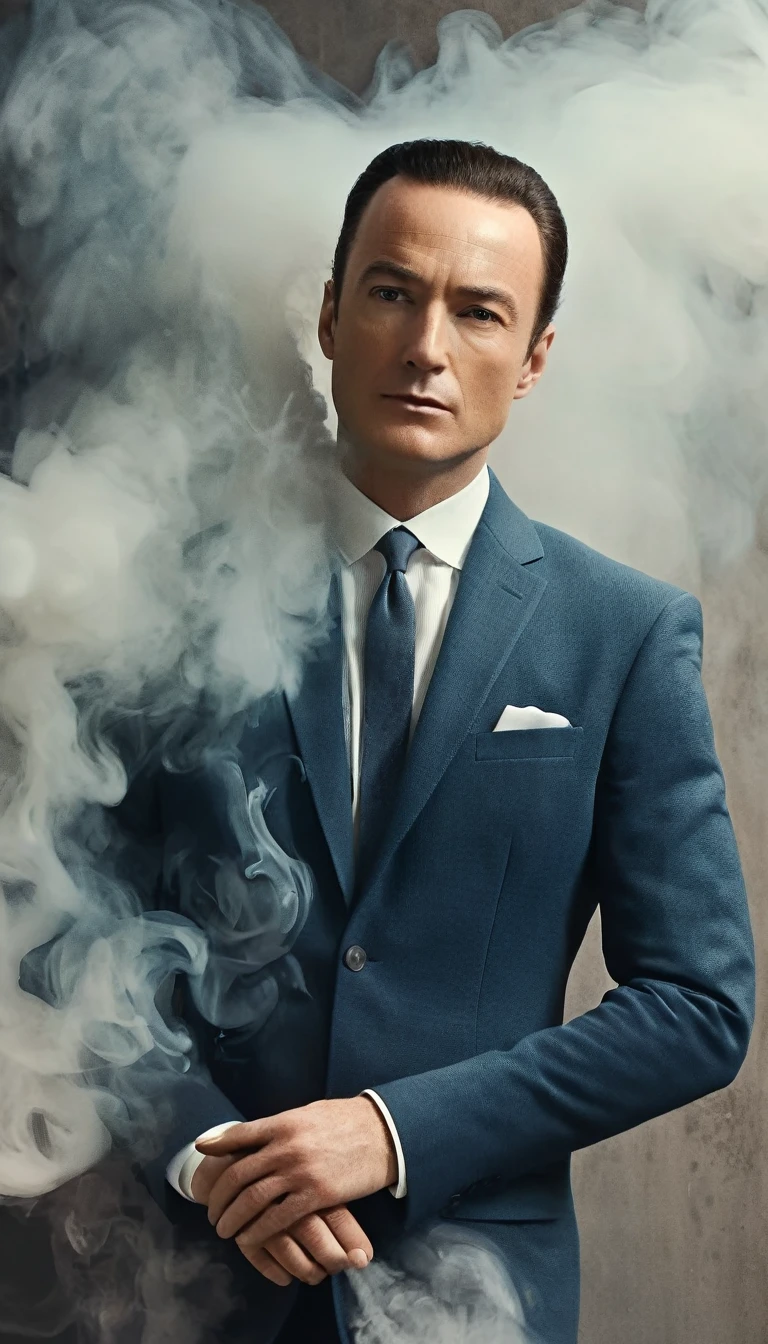 ethereal photo of full body, detailed handsome man face looking to the right, wearing long blazer with pant, looks like Oppenheimer style, Oppenheimer color style, emerging from swirling strokes of smoke and vapors surrounded his body, smoke and vapors on his shirt, He is being surrounded by smoke, style of Peter Lindbergh, intricate artwork masterpiece, eyes details, hands details, nail details, ominous, golden ratio, intricate, epic, trending on art station, highly detailed, vibrant, production cinematic character render, ultra high quality model