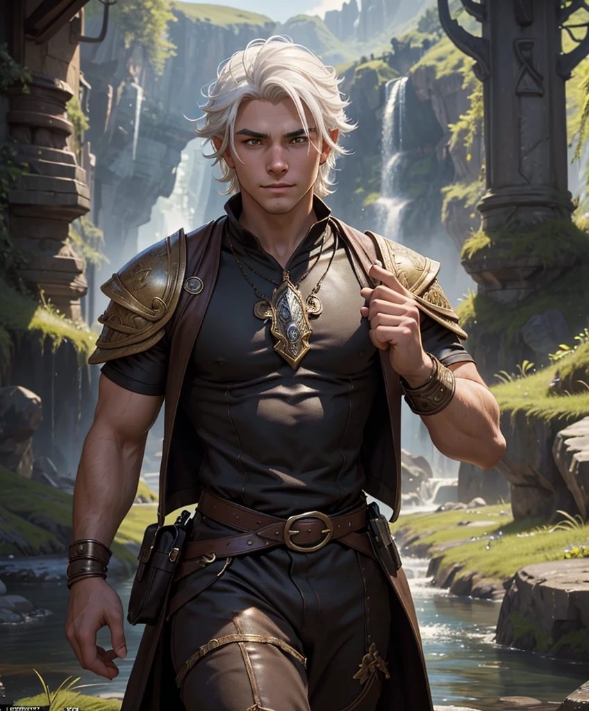 (((Luxurious white hair and sexy smirk.))) (((18 years old.))) (((18yo.))) (((Cute smirk.))) (((Single character image.))) (((1boy))) (((Looks like beefcake male fantasy character.))) Create an enchanting AI-generated image of a charismatic and irresistibly attractive man in a high fantasy realm. He should exude rugged, dashing charm that captures the attention of every onlooker, particularly the adoring gazes of countless women. This character must embody thrilling and exciting qualities, but his arrogance should be evident in his posture and expression.

His attire should be a dazzling blend of high fantasy aesthetics, revealing a captivating, rugged bravado style that mirrors his exciting personality. The outfit should scream individuality, telling a story of grand adventures and daring escapades.

The character's face should be a canvas of vivid expressions, showcasing his charisma, bravado, and the hint of mischief that makes him all the more alluring. His body should be sculpted to perfection, reflecting a sensual and seductive allure that sets him apart as the sexiest man in this mesmerizing world of high fantasy.

Capture the essence of a character who thrives on the thrill of the unknown, the exciti fantasy setting,fantasy art, dungeons & dragons, fantasy adventurer, fantasy NPC, attractive male in his mid 20's, ultra detailed, epic masterpiece, ultra detailed, intricate details, digital art, unreal engine, 8k, ultra HD, centered image award winning, fantasy art concept, digital art, centered image, flirting with viewer, best quality:1.0,hyperealistic:1.0,photorealistic:1.0,madly detailed CG unity 8k wallpaper:1.0,masterpiece:1.3,madly detailed photo:1.2, hyper-realistic lifelike texture:1.4, picture-perfect:1.0,8k, HQ,best quality:1.0,

 best quality:1.0,hyperealistic:1.0,photorealistic:1.0,madly detailed CG unity 8k wallpaper:1.0,masterpiece:1.3,madly detailed photo:1.2, hyper-realistic lifelike texture:1.4, picture-perfect:1.0,8k, HQ,best quality:1.0,


