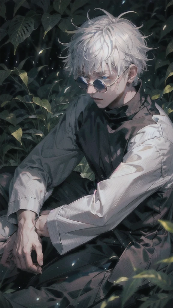 1 boy,rim light,looking_at_screen,masterpiece,best quality,solo,Gojo Satoru,highest detailed.sunglasses, in a serene forest during autumn, meditative pose, eyes closed in deep concentration, soft light highlighting his untamed white hair and glowing blue eyes, intricate curse markings faintly visible, highest detail, best quality, special moment: communing with nature to replenish his cursed energy.